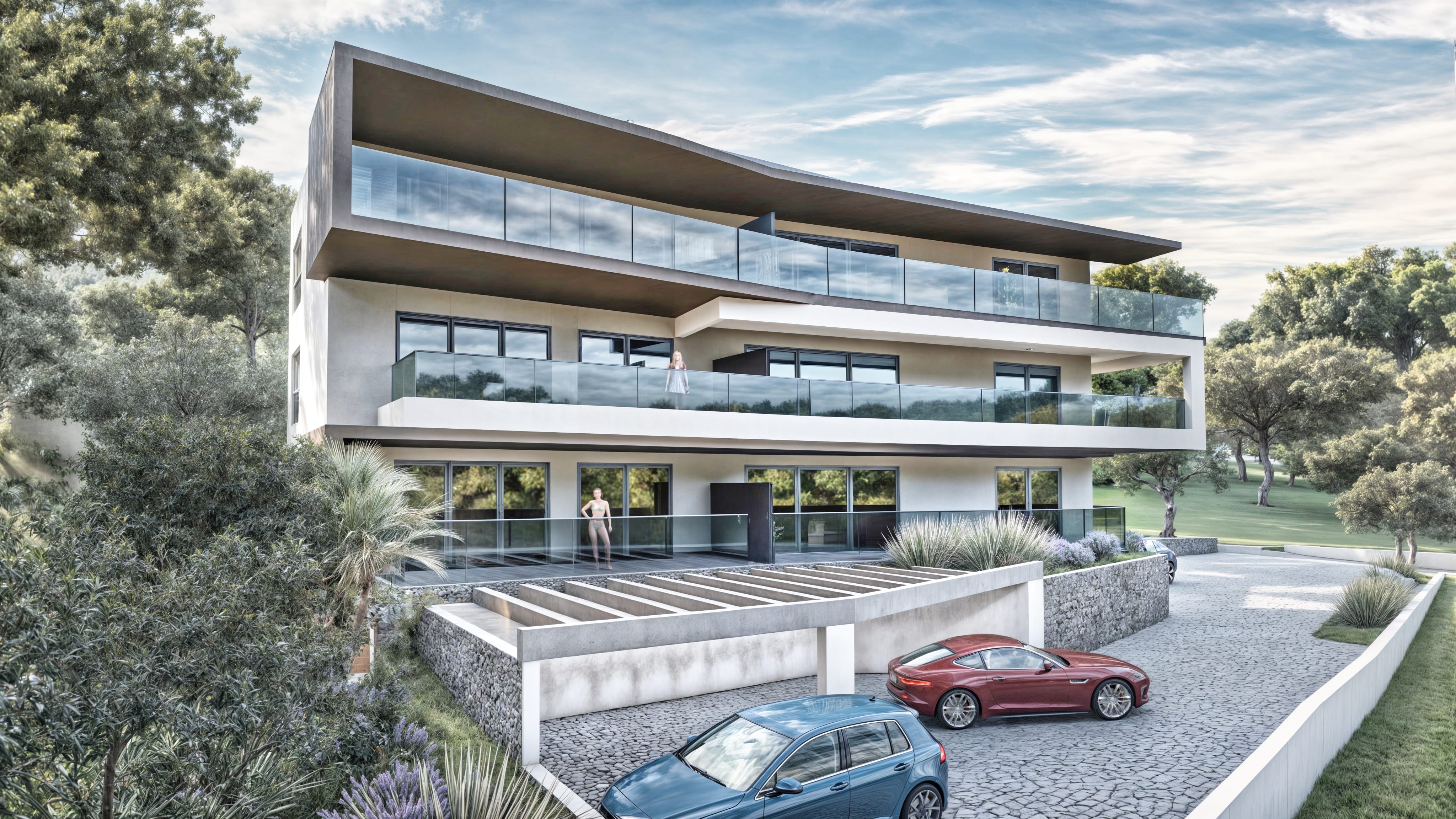 Vizualizacija moderne stambene zgrade u projektu Rogoznica Stupin s prostranim balkonima, privatnim parkingom i okruženjem bogatim zelenilom, u mirnoj zoni blizu mora.