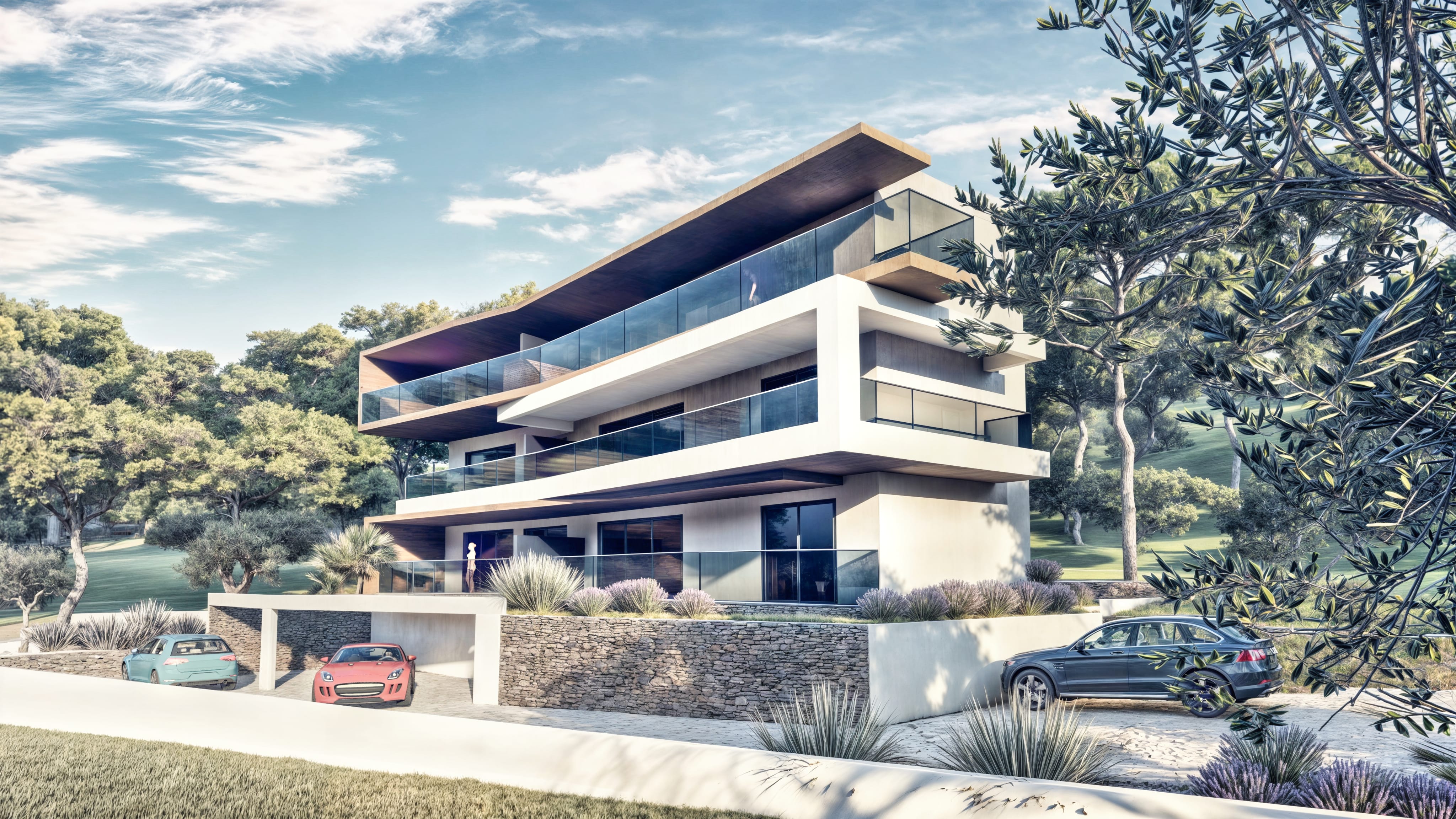 Vizualizacija moderne stambene zgrade u novogradnji Rogoznica Stupin, s apartmanima koji imaju velike staklene terase, privatnim parkingom i mediteranskim uređenjem okoliša.