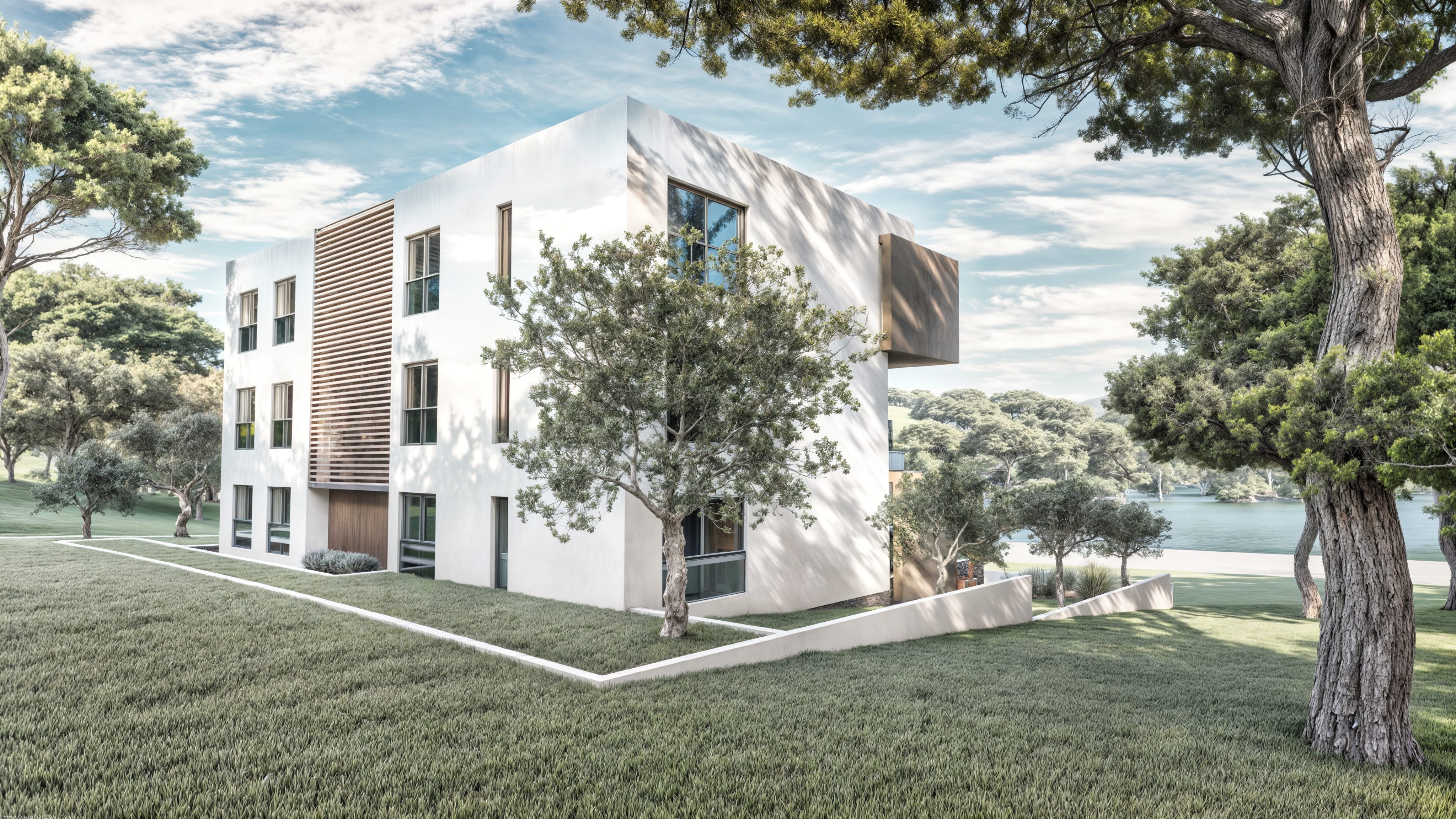 Pogled sa stražnje strane novogradnje Rogoznica Stupin, apartmani s velikim terasama okruženi zelenilom, u neposrednoj blizini mora.